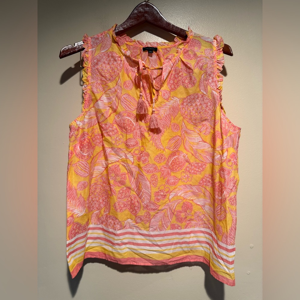 Talbots Sleeveless Top Blouse 100% cotton orange pink pineapple tropical - Picture 2 of 6
